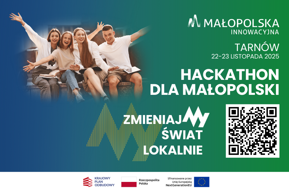 Kolorowa grafika z białymi literami zachecająca do udziału w hackathonie