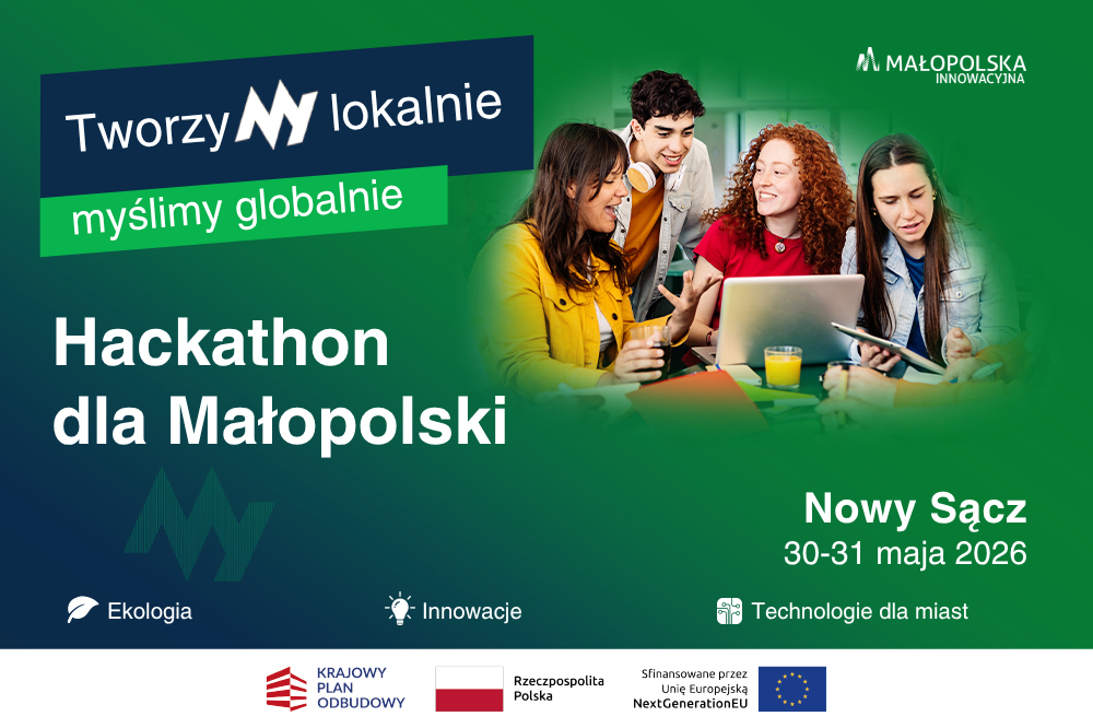 kolorowa grafika z informacjami dot. hackathonu w Nowym Sączu