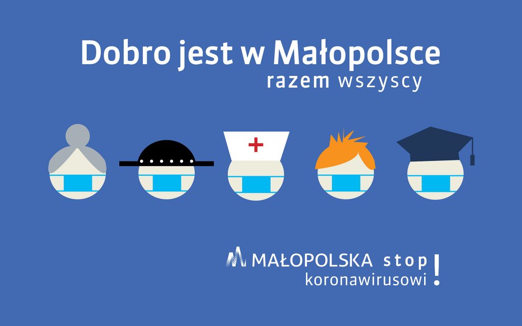 grafika promująca akcję - rysunkowe głowy prezentujące różne zawody i osoby na niebieskim tle z hasłem i logo małopolski