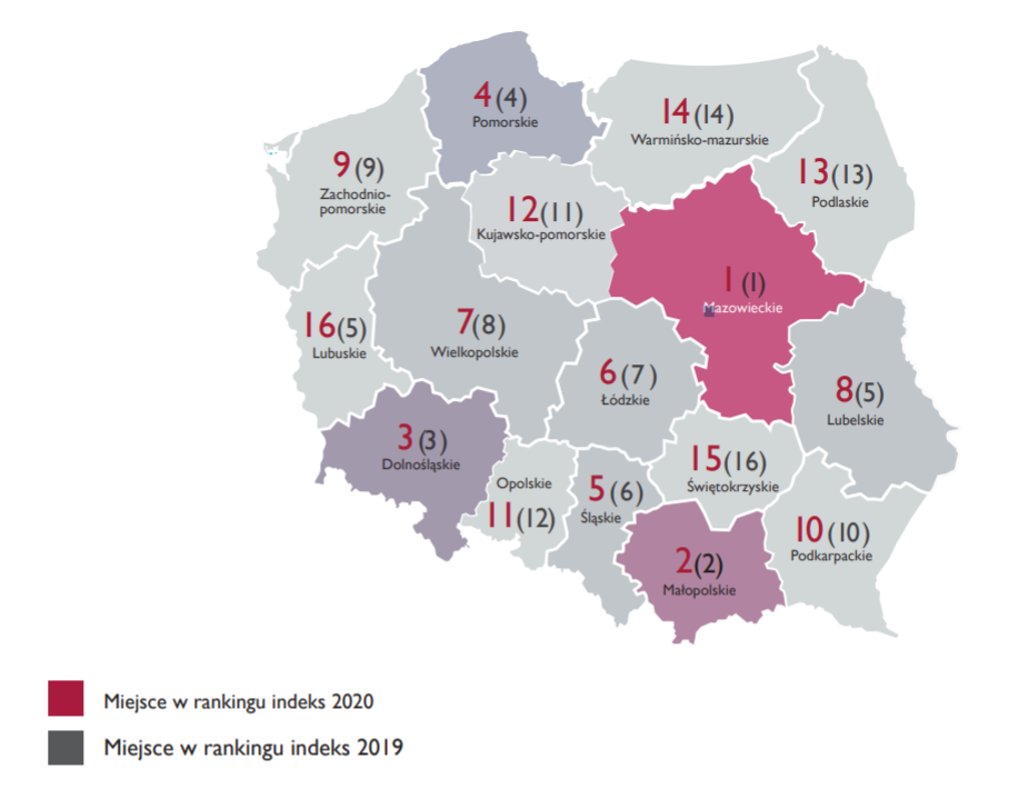 mapa Polski pokazująca miejsca w rankingu poszczególnych regionów kraju w tym roku oraz zmianę pozycji względem poprzedniego