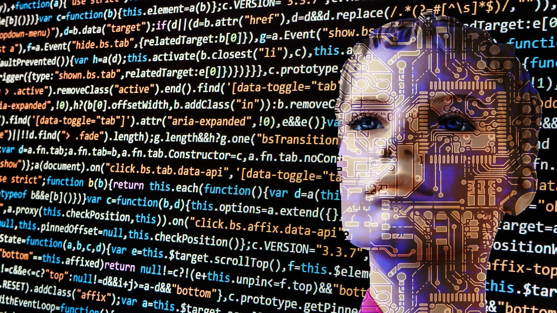 linijki komputerowego tekstu i twarz kobiety-androida