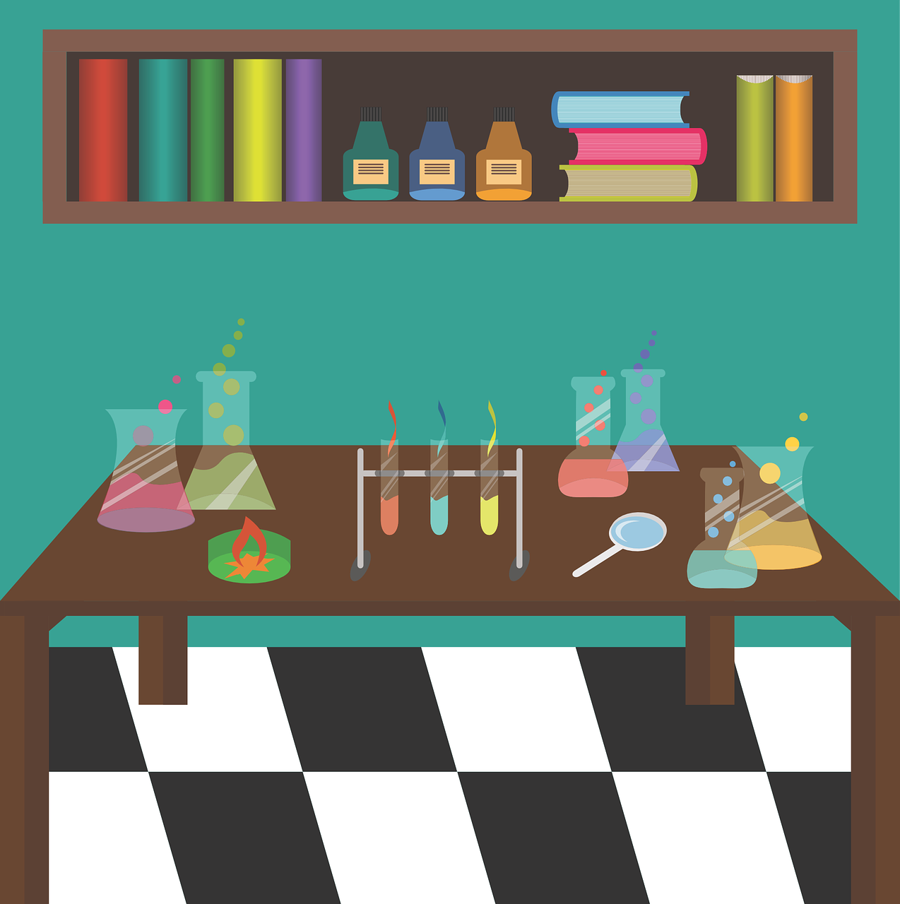 grafika rysunkowa na której widoczna jest pracownia chemiczna i biblioteczka
