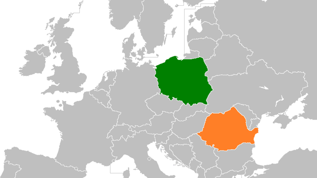 szra mapa europy z kolorową Polską i Rumunią