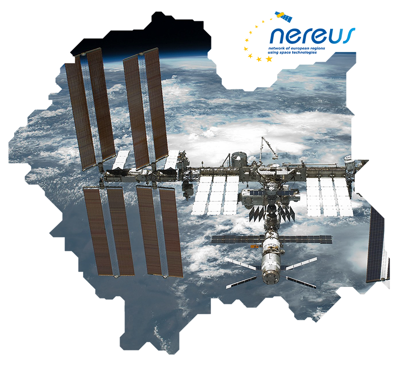 kontury Małopolski ze zdjeciem międzynarodowej stacji kosmicznej i z logo nereusa